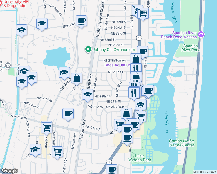 map of restaurants, bars, coffee shops, grocery stores, and more near 2550 Northeast 4th Court in Boca Raton