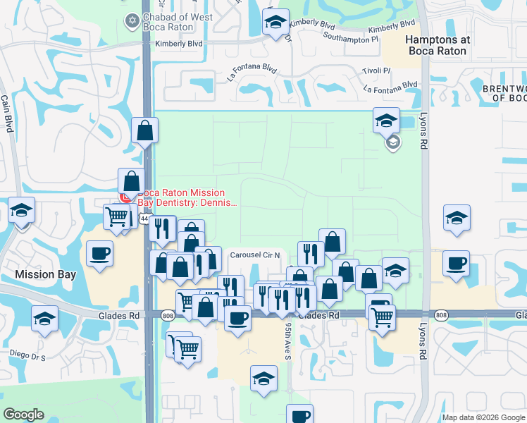 map of restaurants, bars, coffee shops, grocery stores, and more near 9597 Carousel Circle East in Boca Raton