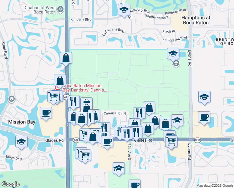 map of restaurants, bars, coffee shops, grocery stores, and more near 9597 Carousel Circle East in Boca Raton