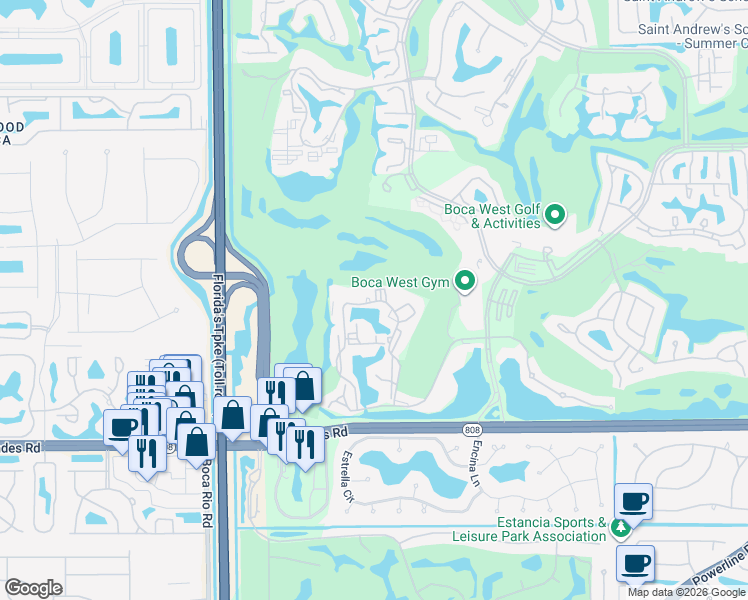 map of restaurants, bars, coffee shops, grocery stores, and more near 1551 Bridgewood Drive in Boca Raton