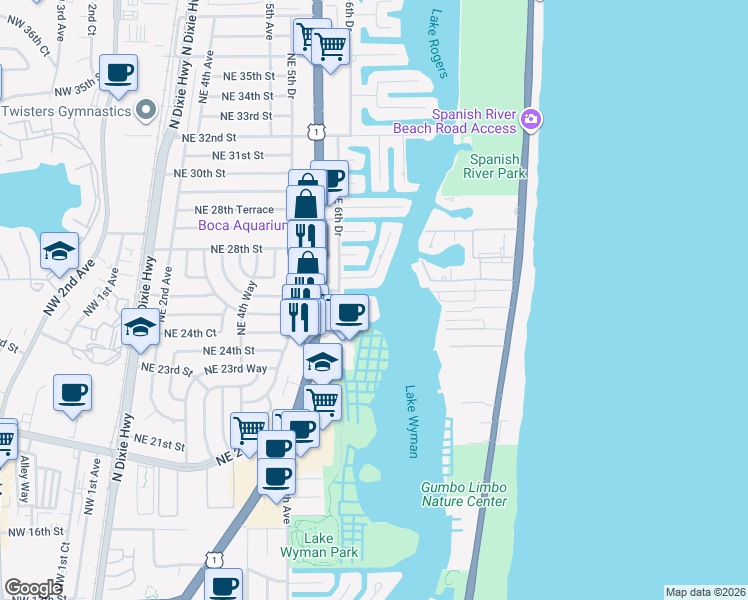 map of restaurants, bars, coffee shops, grocery stores, and more near 711 Harbour Drive in Boca Raton