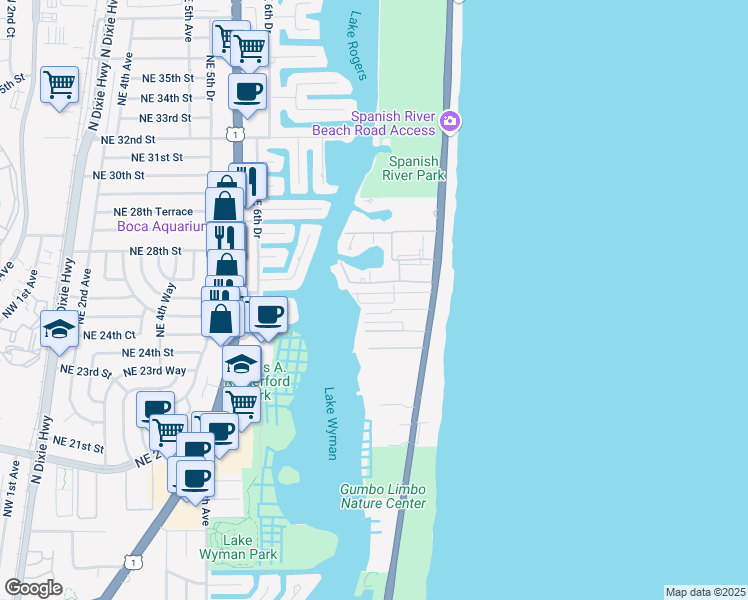 map of restaurants, bars, coffee shops, grocery stores, and more near 943 Northeast 24th Street in Boca Raton