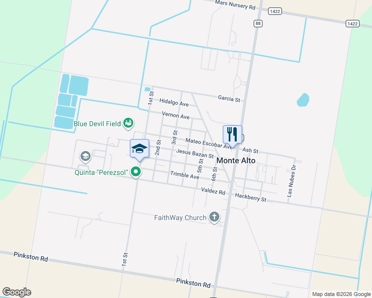 map of restaurants, bars, coffee shops, grocery stores, and more near 8317 Jesus Bazan Street in Monte Alto