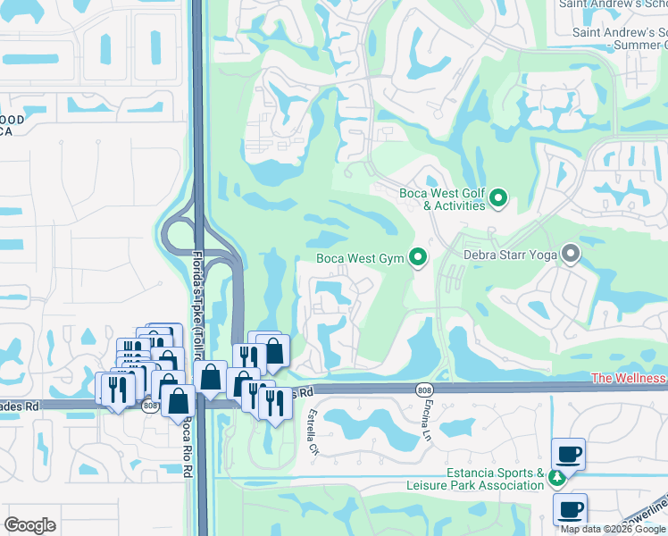 map of restaurants, bars, coffee shops, grocery stores, and more near 1823 Bridgewood Drive in Boca Raton