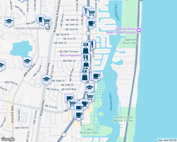 map of restaurants, bars, coffee shops, grocery stores, and more near Route 1 in Boca Raton