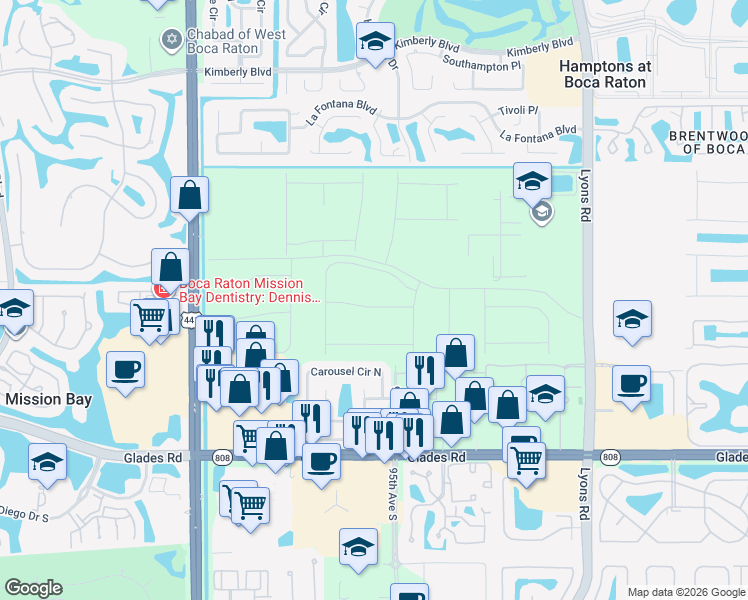map of restaurants, bars, coffee shops, grocery stores, and more near 9597 Carousel Circle North in Boca Raton