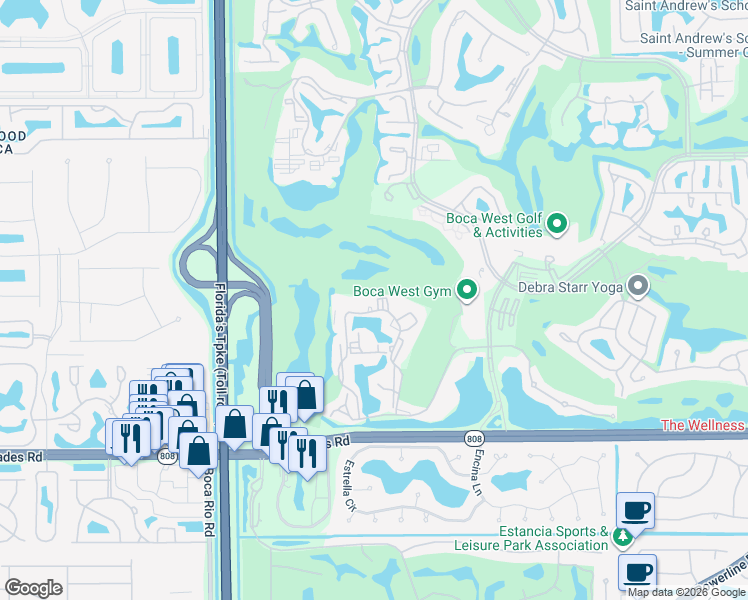 map of restaurants, bars, coffee shops, grocery stores, and more near 1832 Bridgewood Drive in Boca Raton