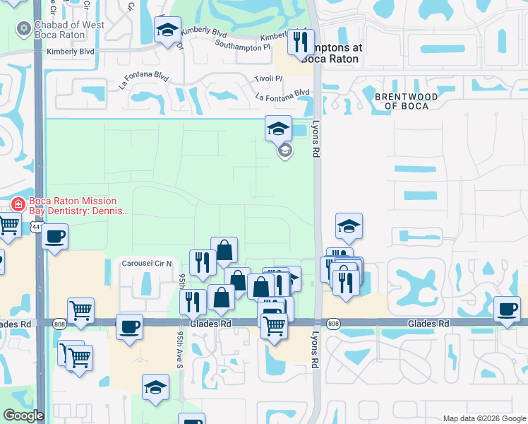 map of restaurants, bars, coffee shops, grocery stores, and more near 20101 Lyons Road in Boca Raton