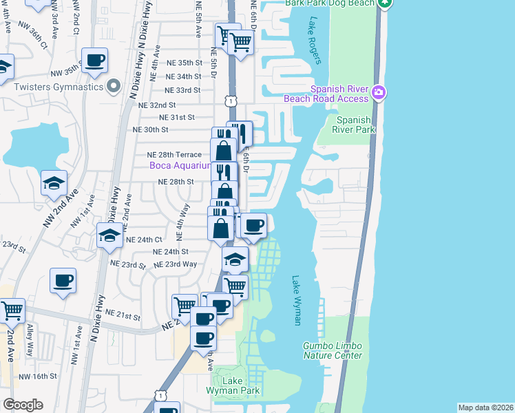 map of restaurants, bars, coffee shops, grocery stores, and more near 701 Harbour Drive in Boca Raton