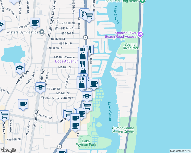 map of restaurants, bars, coffee shops, grocery stores, and more near 701 Harbour Drive in Boca Raton