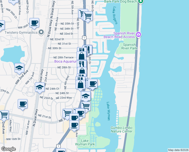 map of restaurants, bars, coffee shops, grocery stores, and more near 701 Harbour Drive in Boca Raton