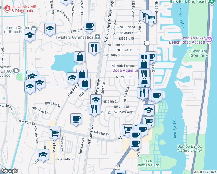 map of restaurants, bars, coffee shops, grocery stores, and more near 2700 Northeast 2nd Court in Boca Raton