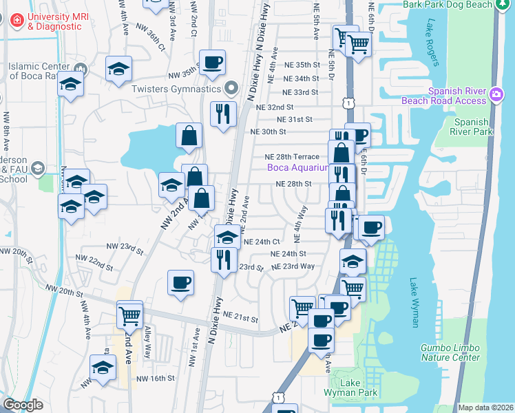 map of restaurants, bars, coffee shops, grocery stores, and more near 2700 Northeast 2nd Court in Boca Raton