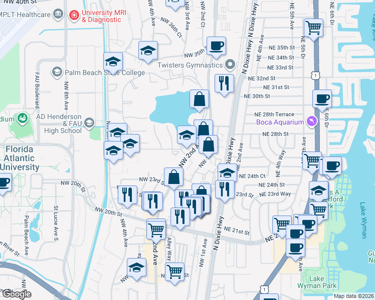 map of restaurants, bars, coffee shops, grocery stores, and more near 2555 Northwest 2nd Avenue in Boca Raton