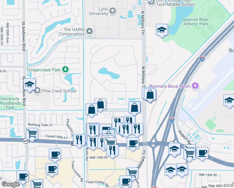 map of restaurants, bars, coffee shops, grocery stores, and more near 2904 Banyan Boulevard Circle Northwest in Boca Raton