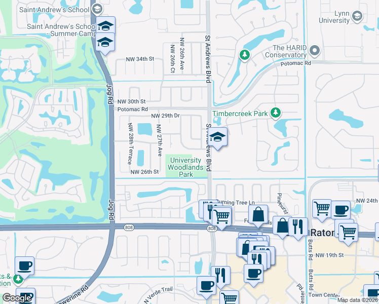 map of restaurants, bars, coffee shops, grocery stores, and more near 2560 Northwest 27th Street in Boca Raton
