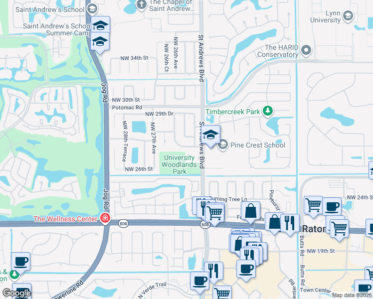 map of restaurants, bars, coffee shops, grocery stores, and more near 2560 Northwest 27th Street in Boca Raton