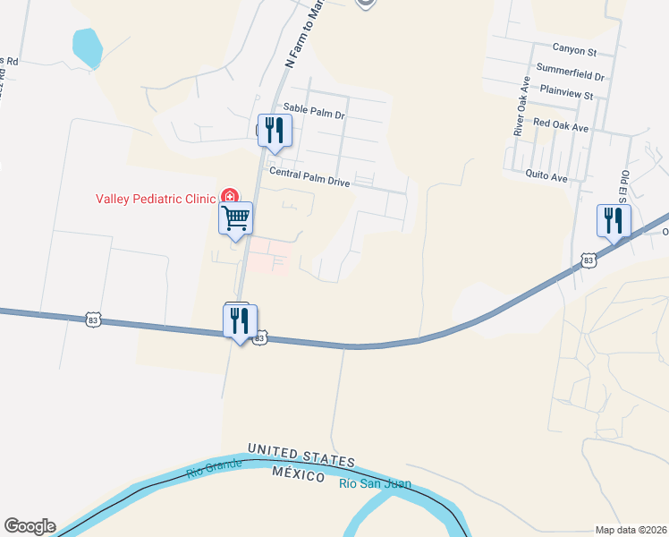 map of restaurants, bars, coffee shops, grocery stores, and more near 2470 Lady Palm Drive in Rio Grande City