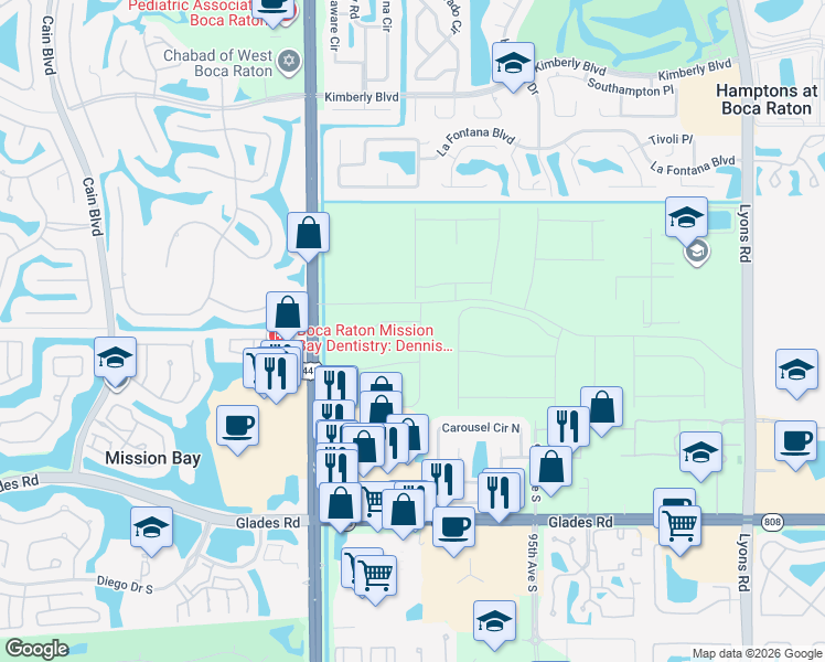 map of restaurants, bars, coffee shops, grocery stores, and more near 9721 Carousel Circle East in Boca Raton