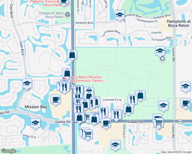 map of restaurants, bars, coffee shops, grocery stores, and more near 9721 Carousel Circle East in Boca Raton
