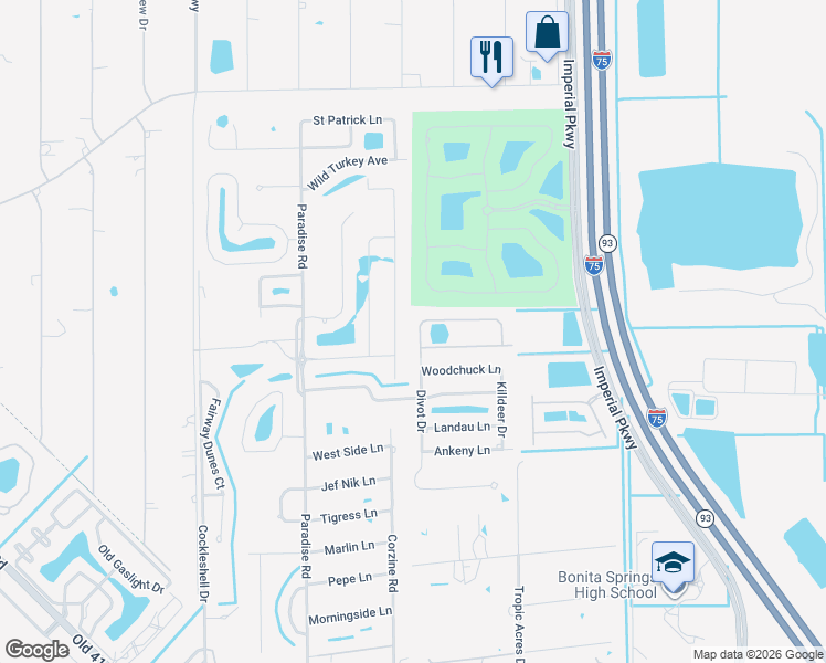 map of restaurants, bars, coffee shops, grocery stores, and more near 25080 Divot Drive in Bonita Springs