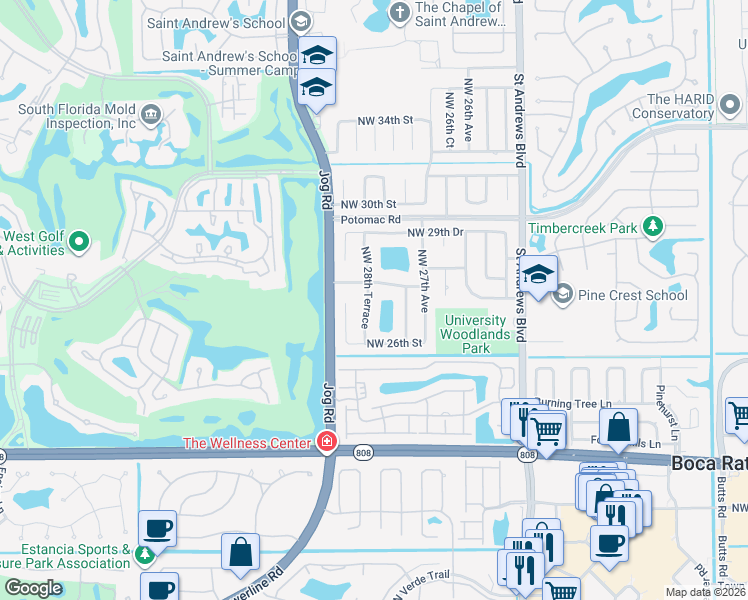 map of restaurants, bars, coffee shops, grocery stores, and more near 2744 Northwest 28th Terrace in Boca Raton