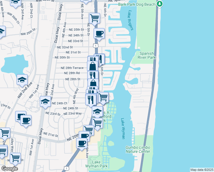 map of restaurants, bars, coffee shops, grocery stores, and more near 681 NE Harbour Dr in Boca Raton