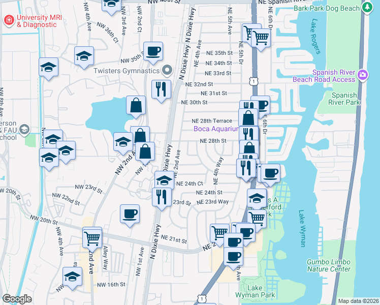 map of restaurants, bars, coffee shops, grocery stores, and more near 2700 Northeast 2nd Court in Boca Raton