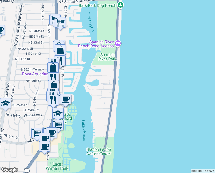 map of restaurants, bars, coffee shops, grocery stores, and more near 2667 North Ocean Boulevard in Boca Raton