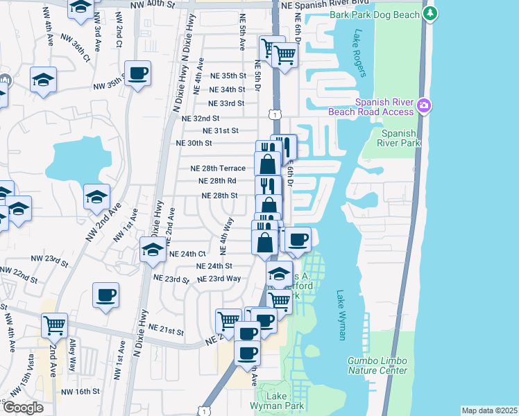 map of restaurants, bars, coffee shops, grocery stores, and more near 2710 Northeast 5th Avenue in Boca Raton