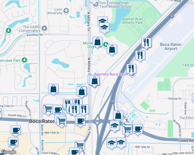 map of restaurants, bars, coffee shops, grocery stores, and more near 99 Park Drive in Boca Raton