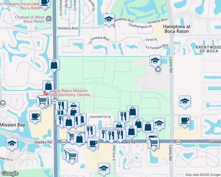 map of restaurants, bars, coffee shops, grocery stores, and more near 9597 Carousel Circle North in Boca Raton
