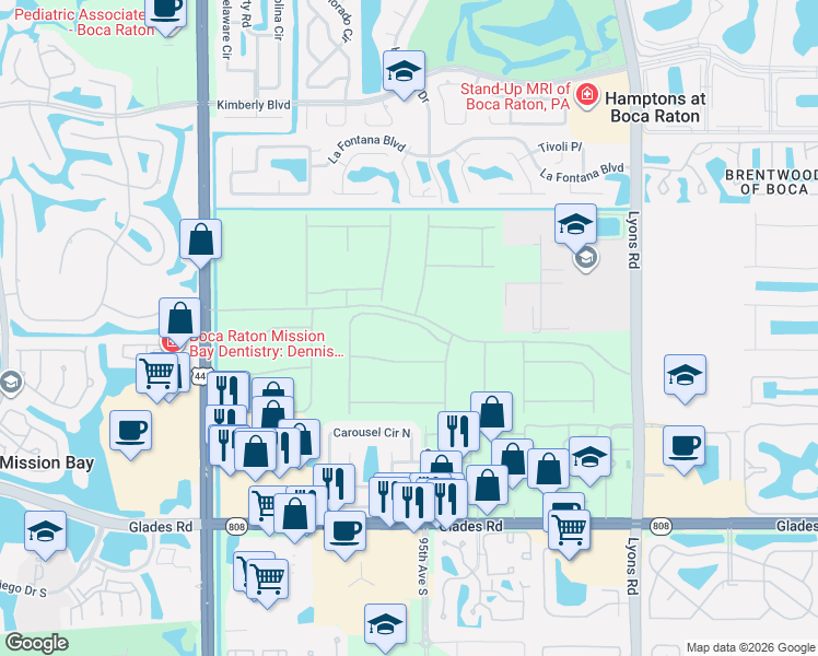 map of restaurants, bars, coffee shops, grocery stores, and more near 9597 Carousel Circle North in Boca Raton