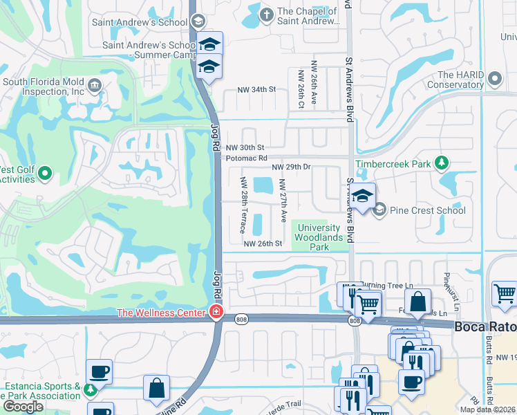 map of restaurants, bars, coffee shops, grocery stores, and more near 2744 Northwest 28th Terrace in Boca Raton
