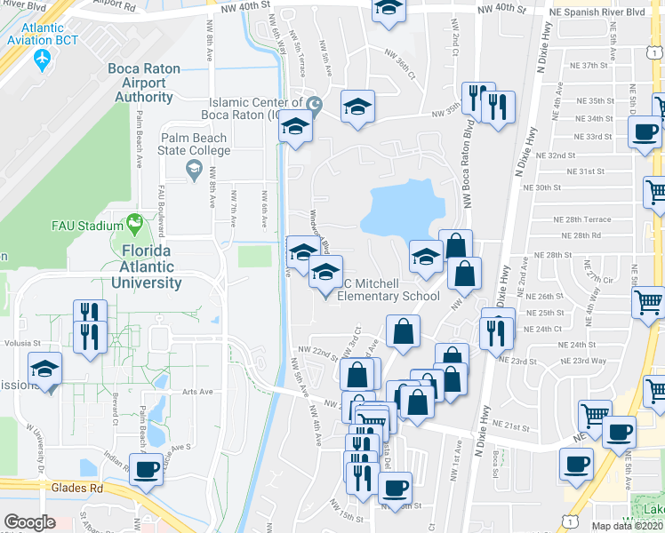map of restaurants, bars, coffee shops, grocery stores, and more near 429 Cottonwood Place in Boca Raton
