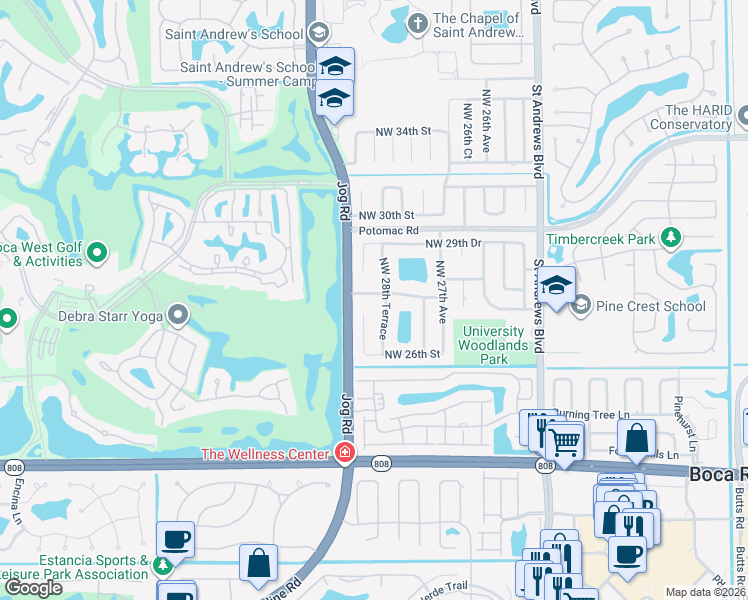 map of restaurants, bars, coffee shops, grocery stores, and more near 2824 Northwest 28th Street in Boca Raton