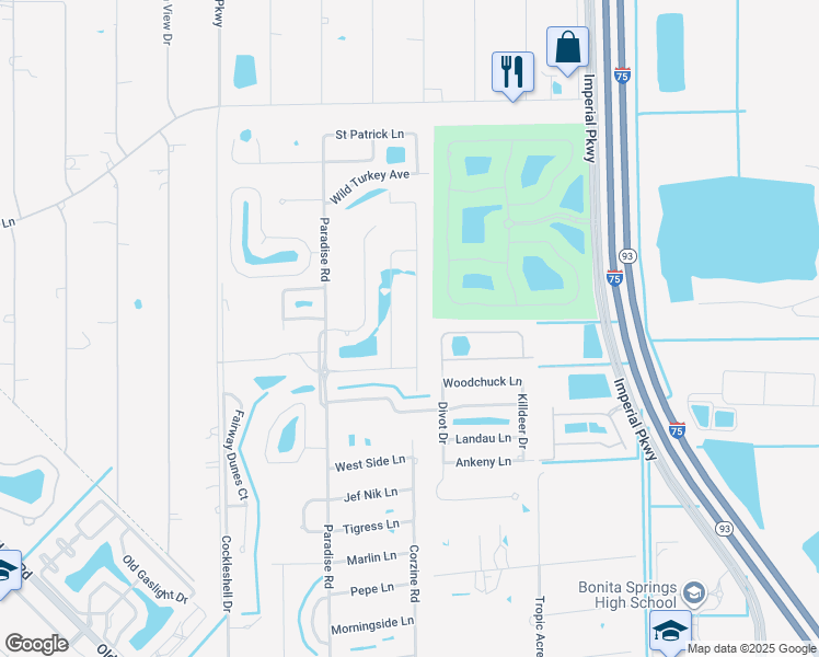 map of restaurants, bars, coffee shops, grocery stores, and more near 25080 Divot Drive in Bonita Springs
