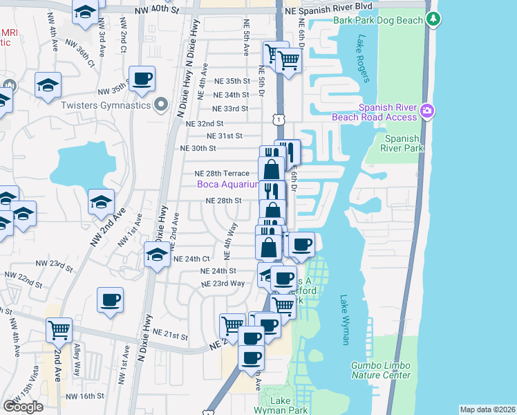 map of restaurants, bars, coffee shops, grocery stores, and more near 2710 Northeast 5th Avenue in Boca Raton