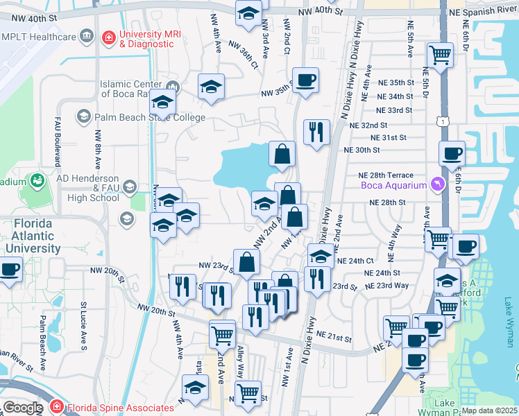 map of restaurants, bars, coffee shops, grocery stores, and more near 2555 Northwest 2nd Avenue in Boca Raton