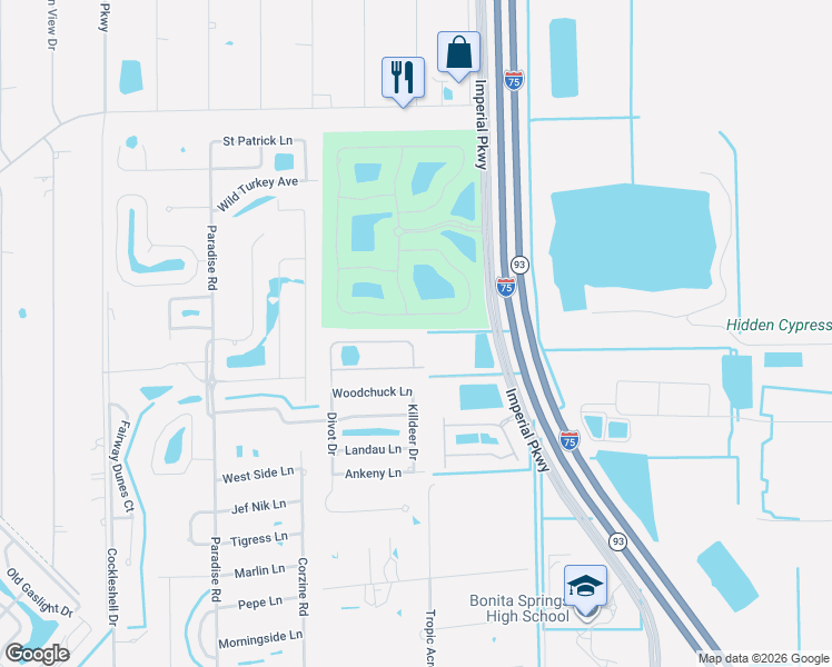map of restaurants, bars, coffee shops, grocery stores, and more near 24850 Divot Drive in Bonita Springs