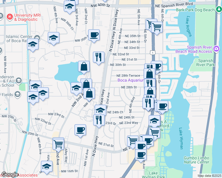 map of restaurants, bars, coffee shops, grocery stores, and more near 2700 Northeast 2nd Court in Boca Raton