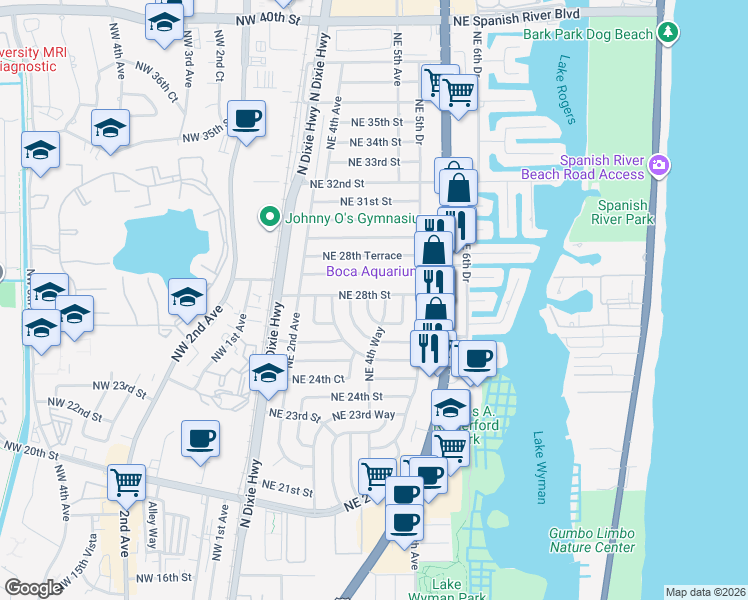 map of restaurants, bars, coffee shops, grocery stores, and more near 2798 Northeast 27th Circle in Boca Raton