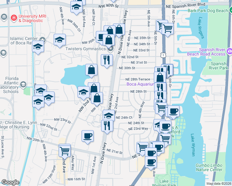 map of restaurants, bars, coffee shops, grocery stores, and more near 2820 North Dixie Highway in Boca Raton