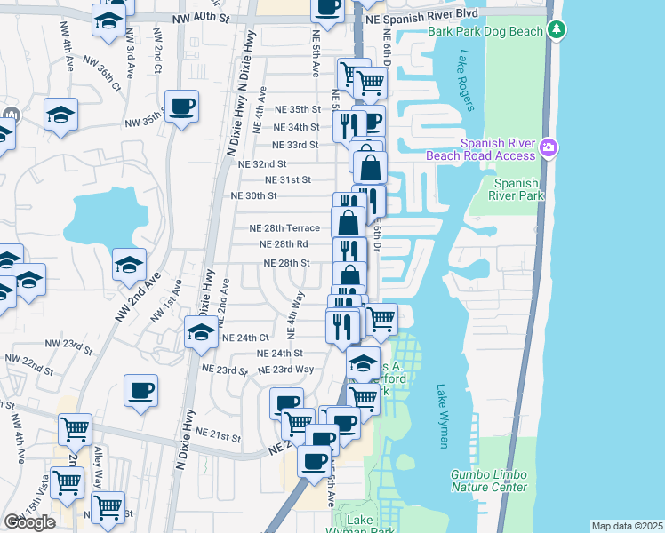 map of restaurants, bars, coffee shops, grocery stores, and more near 498 Northeast 28th Street in Boca Raton