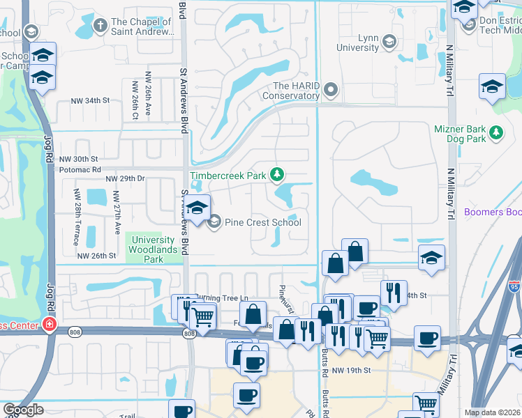 map of restaurants, bars, coffee shops, grocery stores, and more near 2877 Timbercreek Circle Northwest in Boca Raton