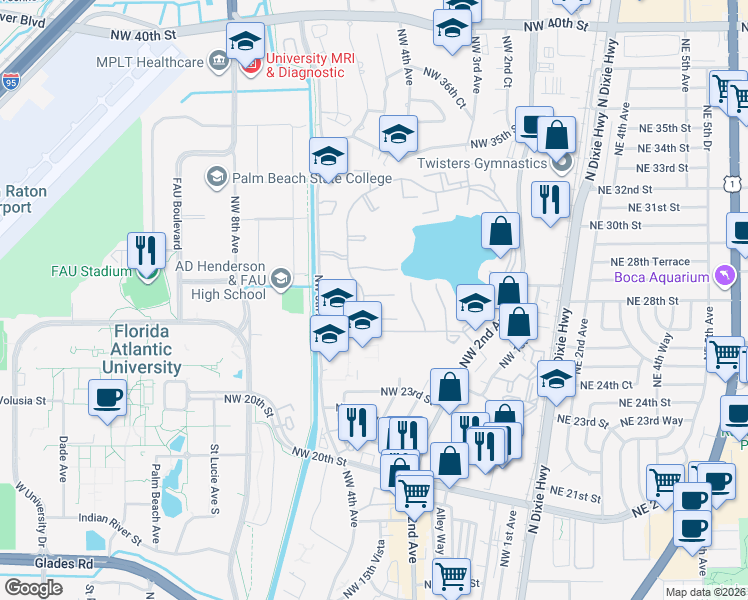 map of restaurants, bars, coffee shops, grocery stores, and more near 425 Buttonwood Place in Boca Raton