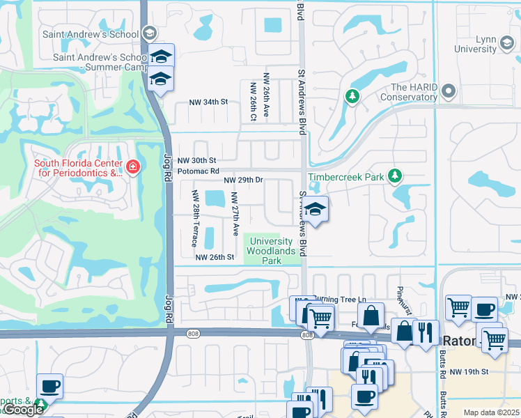 map of restaurants, bars, coffee shops, grocery stores, and more near 2625 Northwest 29th Street in Boca Raton