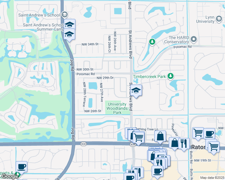 map of restaurants, bars, coffee shops, grocery stores, and more near 2625 Northwest 29th Street in Boca Raton