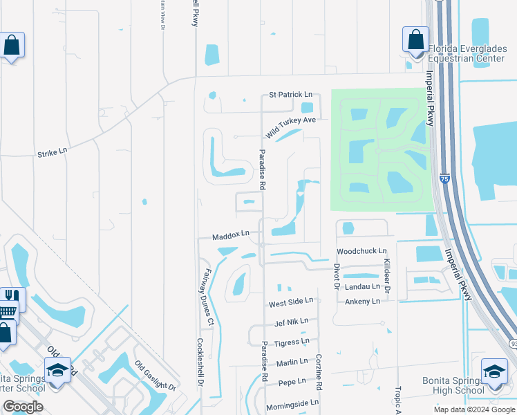 map of restaurants, bars, coffee shops, grocery stores, and more near 24978 Paradise Road in Bonita Springs
