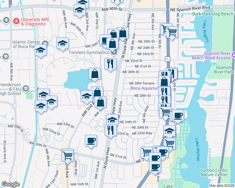 map of restaurants, bars, coffee shops, grocery stores, and more near 101 Northeast 28th Street in Boca Raton